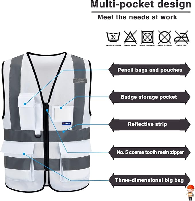 A-SAFETY Hi Reflective Safety Vest,Hi Vis Bright Neon Colors Safety Vest with 4 Reflective Strips 7 Pockets(White M)