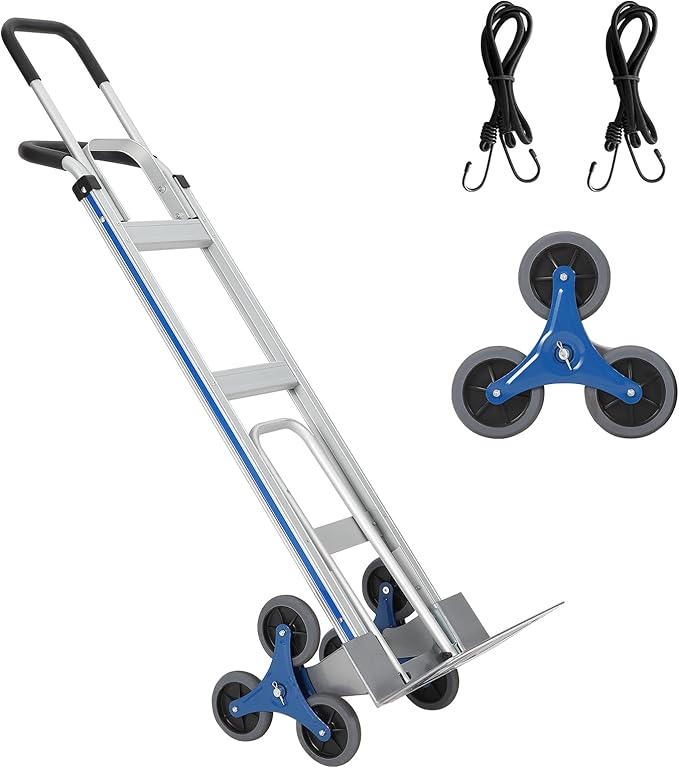 Heavy-Duty 2-in-1 Aluminum Stair Climbing Hand Truck – 600 lbs Capacity, Dual Handles, Extendable Base Plate, 6 Wheels, 2 Elastic Ropes – Versatile Trolley for Home, Warehouse, Shopping – Silver