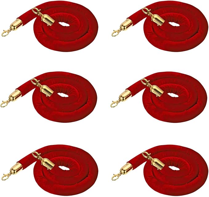 8PCS Gold Stanchion Posts with 5FT Red Velvet Ropes, Stainless Steel Crowd Control Barriers with Ball Tops, Elegant Queue Stanchions for Red Carpet, Party, Wedding, Theater & Exhibition
