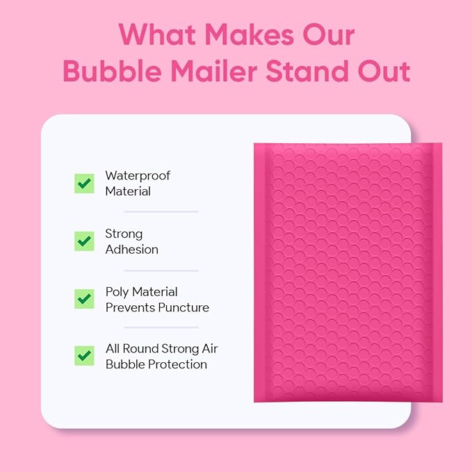 Hot Pink 9.5x14.5 Inch Poly Bubble Mailers #4 | Self Seal Large Padded Envelopes | Air Cushioned Bubble Mailer | Usable Size 9.5x13 Inch | Waterproof Lightweight Mailing Shipping Bags | 100 Pack Bulk