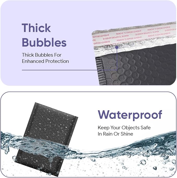 Black 10.5x16 Inch Large Poly Bubble Mailers #5 | Padded Envelopes with Self Seal | Air Lined Cushioned Bubble Mailer | Usable Size 10.5x15 | 100 Pack Bulk | Lightweight shipping Bags