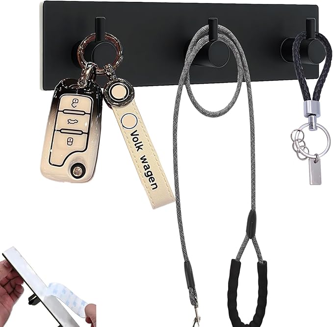 Kingdong Black Key Holder for Wall 304 Stainless Key Hooks Adhesive Key Holder Wall Mount Key Hanger with 3 Heavy Duty Hooks Key Organizer for Kitchen, Bedroom, Bathroom (Black(3 Hooks))