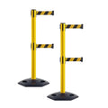 Crowd Control Warehouse CCW Set of 2 Retractable Dual Belt Stanchion Safety Barrier, Heavy-Duty Rubber Base Yellow Post, WBB-200D (7.5 Foot Belt, Black and Yellow Diagonal Belt)