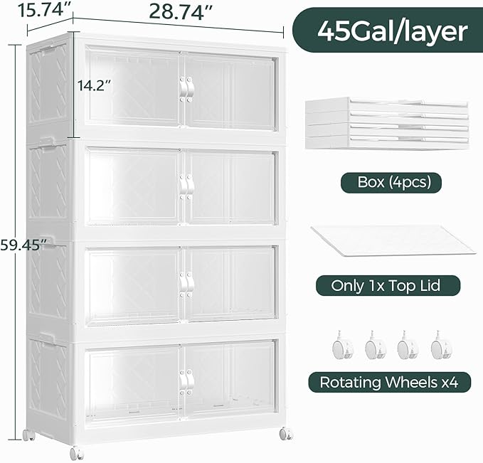 180Gal Stackable Storage Bins with Lid and Wheels, 720QT Plastic Collapsible Storage Boxes with Doors, Closet Organizer and Storage Cabinet for Home Kitchen Office Dorm Room, 4Pack White
