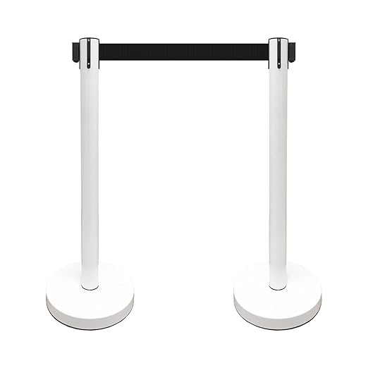 VIP Crowd Control Retractable Belt Stanchion Queue Safety Barrier Set, 36" Ht, 78" Belt (2 WHT Posts Black Belt)