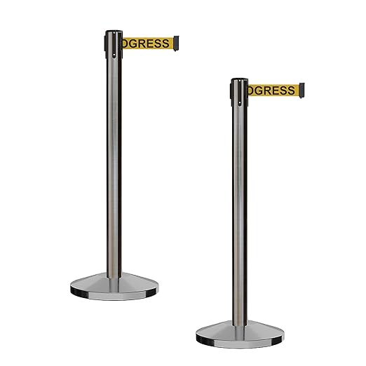 CCW Series RBB-100 - Set of 2 Stanchion Retractable Belt Barriers (11 Foot Belt, Yellow with"Cleaning in Progress" Black Letters Belt with Satin Stainless Steel Post)