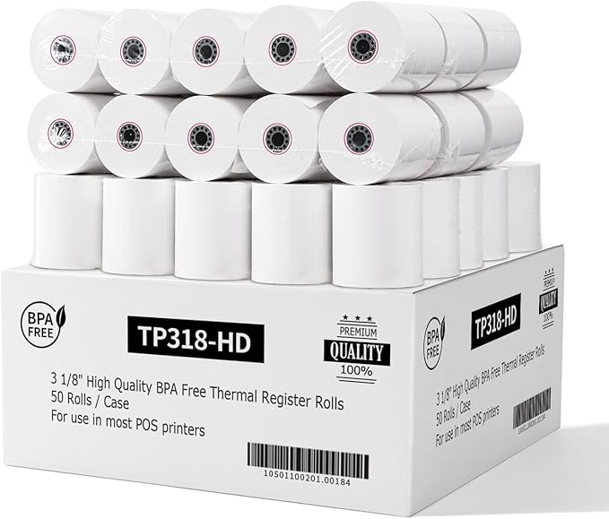 3 1/8 Thermal Paper Receipt Rolls (50 Pack) 55 GSM Premium Quality, BPA Free Receipt Paper Compatible with Most POS Systems, Cash Registers, Thermal Receipt Rolls