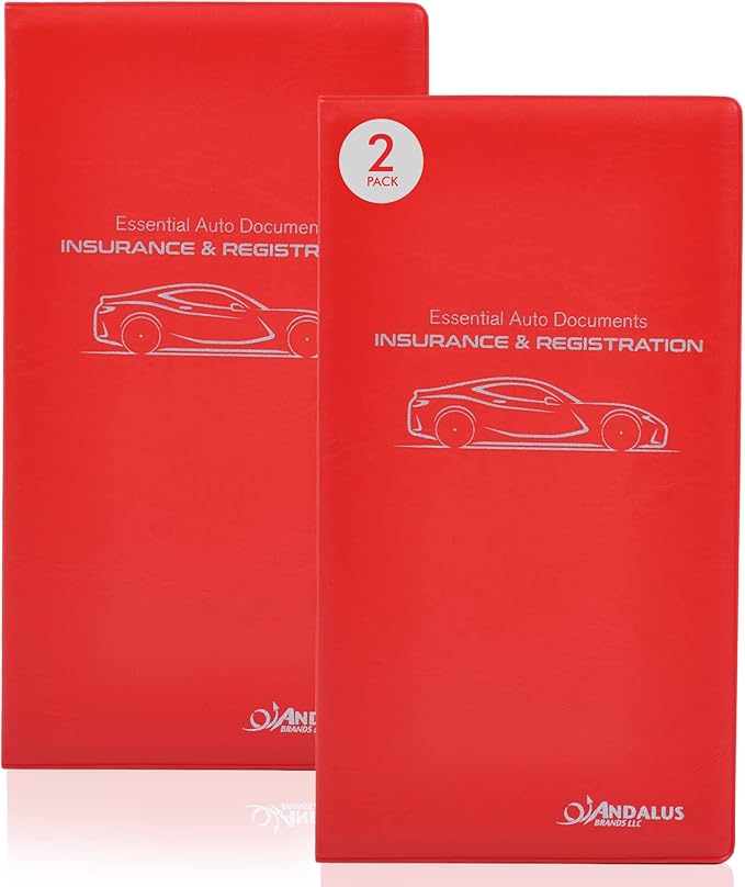 Andalus Auto Registration & Insurance Card Holder Pack of 2, Waterproof Essential Car Registration Holder with Hook & Loop Closure, Perfect for Every Vehicles Glove Boxes (Red - 9.5" x 5.15")