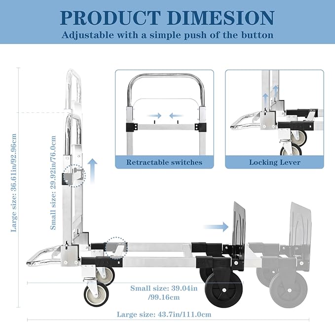 600-Pound 4-Wheel Folding Hand Truck/Cart, Heavy-Duty with Adjustable Height & Length, for Industrial Use and Home Moving