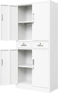 Metal Storage Cabinet, Locking Storage Cabinet with Adjustable Shelves and 2 Drawers, 16" D x 32" W x 71" H Steel Cabinets for Office, Garage, Home, Classroom, Utility Room(White)