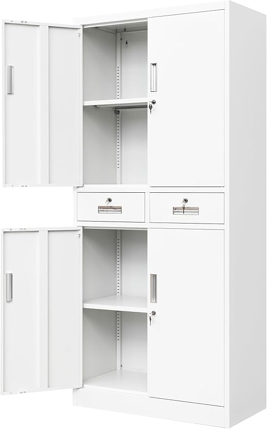 Metal Storage Cabinet, Locking Storage Cabinet with Adjustable Shelves and 2 Drawers, 16" D x 32" W x 71" H Steel Cabinets for Office, Garage, Home, Classroom, Utility Room(White)