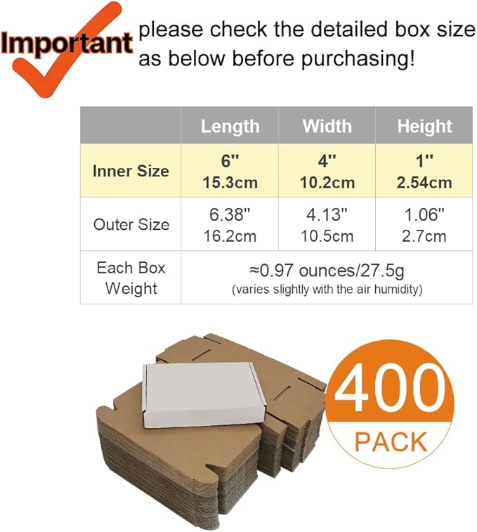 400 Pack 6x4x1'' Small Shipping Boxes, Corrugated Cardboard Mailers for Business, White (CM641-400)
