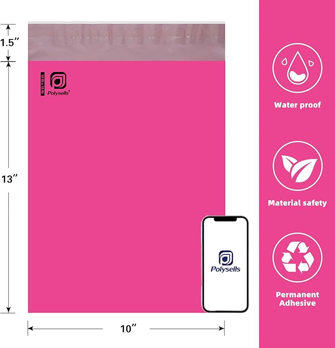 POLYSELLS 100 pcs 10x13 Inches Pink Poly Mailers Shipping Envelopes, Strong Adhesive Sealing, Waterproof, and Tear-resistant Postal Mailing Bags for Clothing, Books, and Accessories