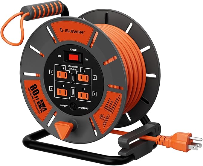 Retractable Extension Cord Reel 80 FT, 14AWG SJTOW Heavy Duty Power Cord with 4 Grounded Outlets, USB-A & USB-C Ports, 13A Circuit Breaker, Hand Crank for Indoor Outdoor Use, ETL Listed, Orange