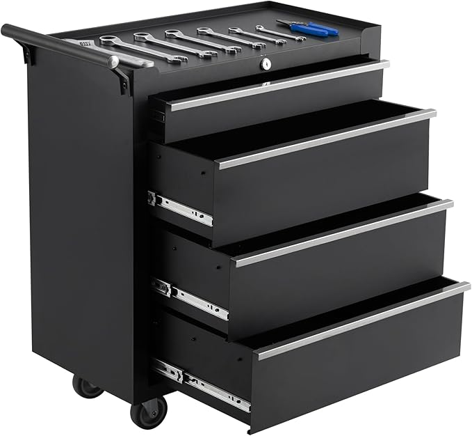 Heavy-Duty 4-Drawer Rolling Tool Chest with Locking System, Portable Tool Storage Cabinet with Wheels & Drawer Liners, Steel Tool Organizer Cart for Garage Workshop Tools, Black Finish