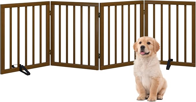 Dog Gate, Bamboo Free Standing Dog Gates for Doorways, Foldable Dog Gate Indoor, Pet Gates for Doorways Bedroom, Puppy Gate with Metal Support Feet, Room Divider 4 Panels (walnut)