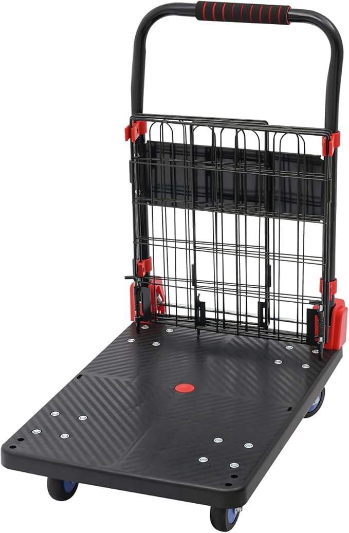 Foldable Hand Truck, 330LBS Dolly Folding Push Cart with Removable Cage, 4-Inch TPR Wheels Convertible Cart Dolly for Moving, Heavy Duty Folding Platform Truck with Mesh Panel