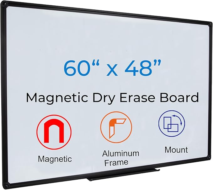 Large Magnetic White Board 60" x 48" Wall Mount Dry Erase Board with Pen Tray for Home Office Classroom Usage, Black Aluminum Frame
