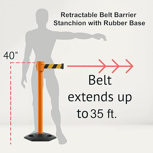 Montour Line MSR760 Set of 2 Retractable Belt Barrier Stanchion, Rubber Base, Orange Post (35 ft Blue Belt)