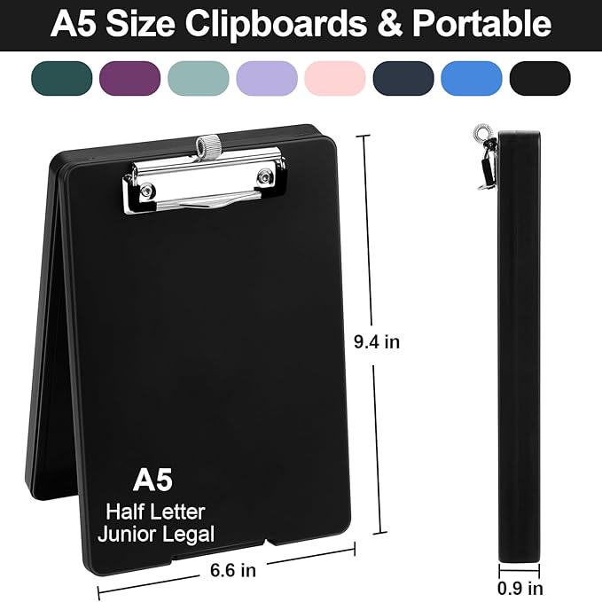 Small Clipboard with Storage, A5 Clipboards with Pen Holder, Half Letter Clip Boards 6x9 Mini Plastic Clipboard with Low Profile Clip for Classroom, School, Office Supplies (Black)