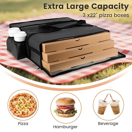 Insulated Pizza Delivery Bag with 4 Cup Holders, 24" x 6" Pizza Warmer Bag for Hot Pizza/Drinks, Pizza Carrier for Events, Large Food Delivery Carrier for Transport/Shopping/Catering, Black