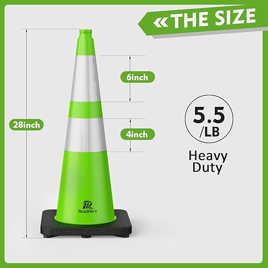 RoadHero 8 Pack Traffic Safety Cones 28 Inch with Black Weighted Base, Plastic PVC Lime Green Cone with Reflective Collar, Cones for Parking Lot, Construction Events, Road Safety