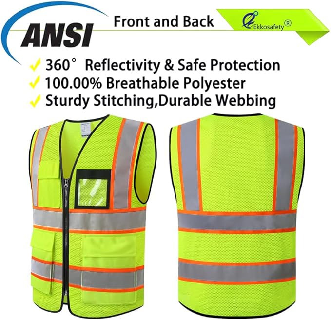 Reflective Mesh Safety Vest for Men Women with 8 Pockets and Zipper Front High Visibility Mesh Vest Hi Vis Construction Work Vest,Meets ANSI/ISEA Standards(EKH1-Yellow-3XL)