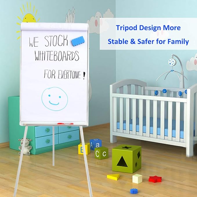 40" H x 28" W Magnetic Dry Erase Board Easel - Tripod White Board with Stand, Includes Flip Chart Paper Pad, Magnets & Eraser, White Board Easel for Office Presentation, School, White Frame