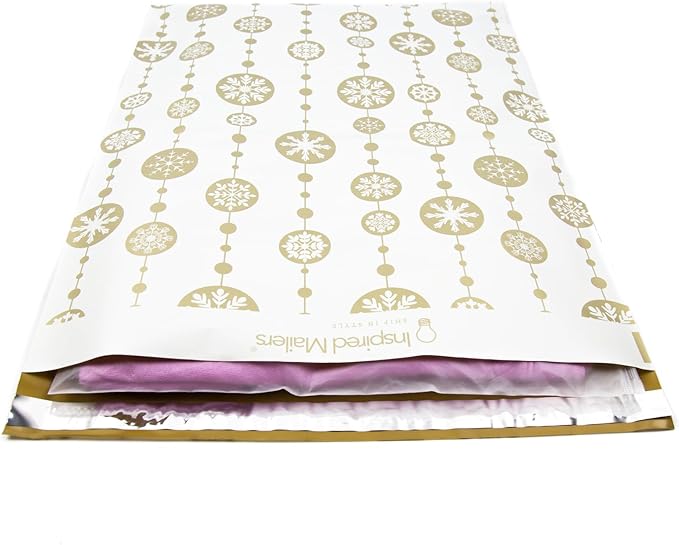 Inspired Mailers - Large Poly Mailers 14.5 x 19-50 Pack - Snowflake Baubles (Gold) - Holiday Shipping Bags - Large Mailing Envelopes - Christmas Shipping Envelopes
