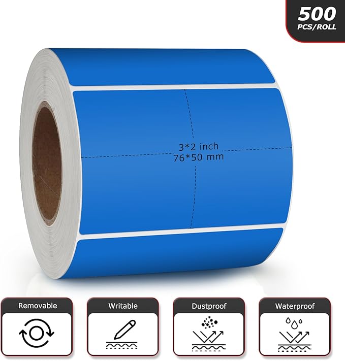 Blue Rectangle Stickers 3 x 2 Inch Color Coding Labels Vinyl Roll Self-Adhesive Waterproof Removable 500 PCS