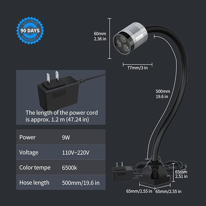 Flexible Work Light, Led Machine Light, Led Flexible Gooseneck Light 900 Lumens with 20inch Flexible Gooseneck 120 Volt for Lathe Workbench Bandsaw and Machine Tool
