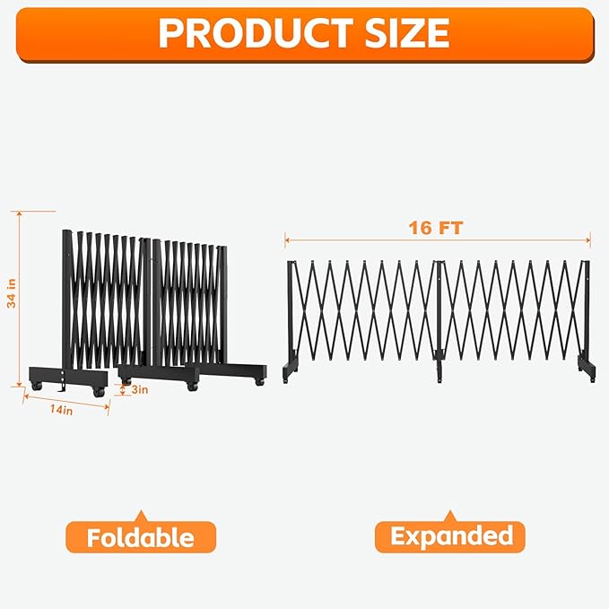 16 FT Industrial Metal Expandable Barricade，Retractable Traffic Fence with Casters, Folding Security Gate，Portable Barricade Gate for Construction Area, Traffic Control, Cordon(Black）