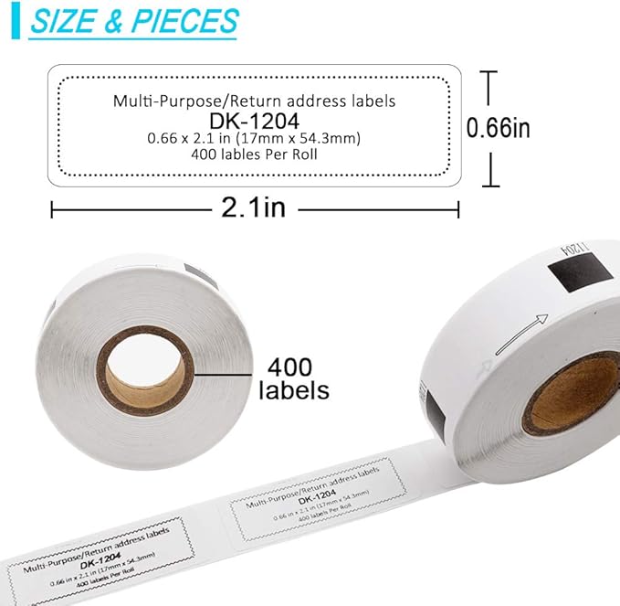 Label KINGDOM Compatible with Brother DK-1204 (0.66" x 2.1") Die-Cut Label for QL-800, Multipurpose/Return Address White Paper 400/Roll for QL-810W Printer (10-Roll + 2 Frame)