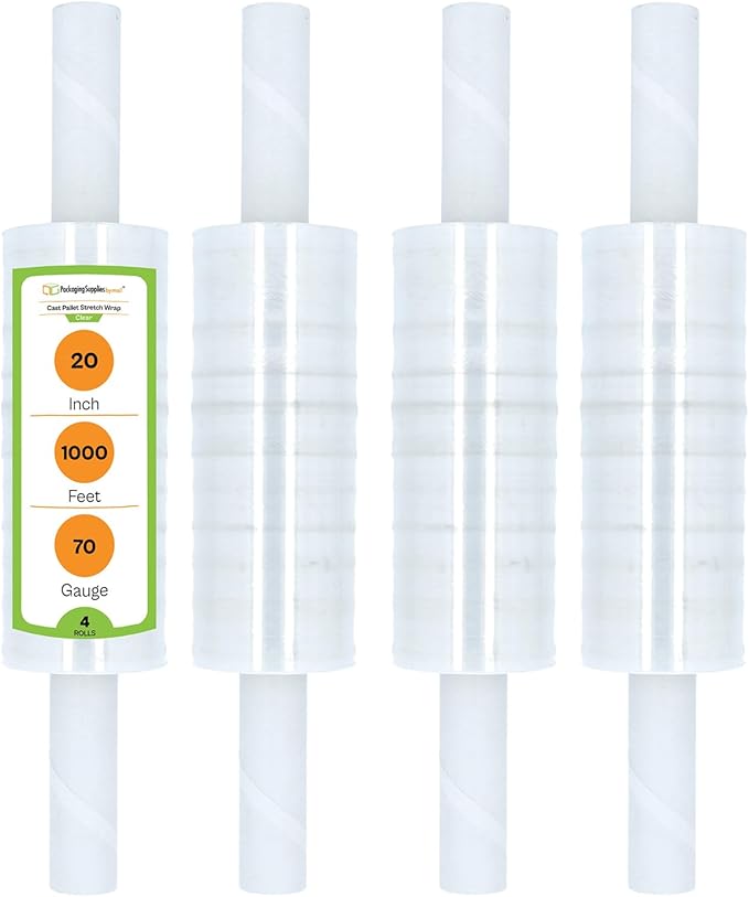 PSBM 4 Rolls 20 Inch x 1000 Feet 70 Gauge Stretch Wrap with Handles, Industrial Strength Heavy Duty Clear Shrink Wrap for Shipping, Packaging, Moving, Bundling or Storage
