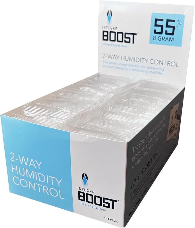 Integra Boost - 55% RH Level - 8 Gram Size - Two-Way Humidity Control Pack Incl. Replacement Indicator Cards - Food Storage & Herbs Preserver Moisture Balancer, Protects 1 OZ (Pack of 144)