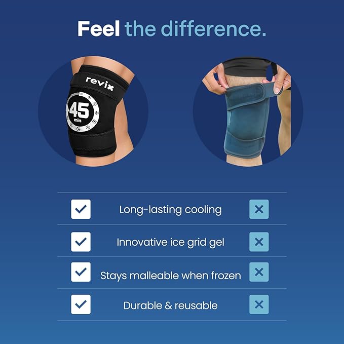 REVIX Knee Ice Pack Wrap, 45-Minute Long-Lasting Ice Pack for Knees with Ice Grid Gel Design, Reusable Gel Ice Wrap, Cold Therapy to Soothe Discomfort in the Thighs, Elbows, Calves & Legs (12" × 9.5")