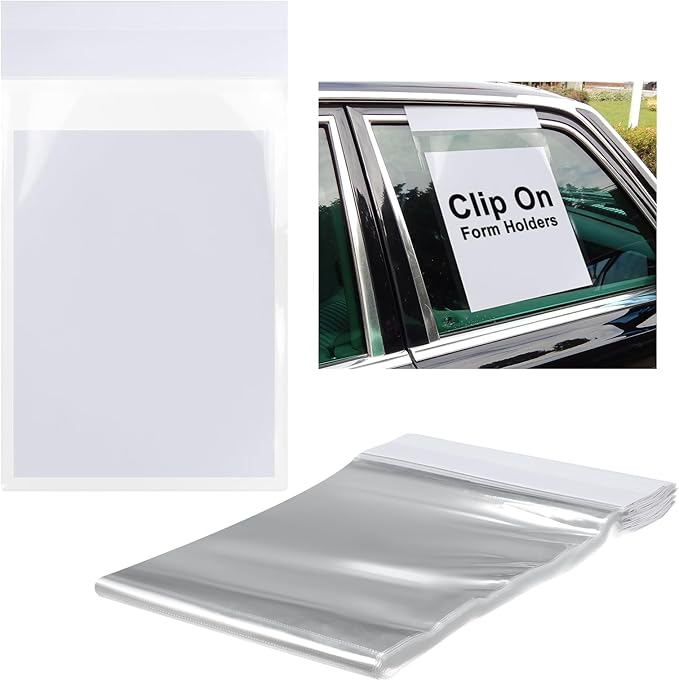 50 Pack Clip on Window Form Holder Buyers Guide Window Hangers Buyers Guide Holder Sleeves 9 x 13 Clear Plastic Pouch Form Hangers for Car Dealership Supplies