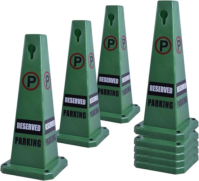 26.5" Caution Cones, 4-Sided Visible Safety Signs with Heavy Rubber Base, Warning for Slip & Fall Prevention, Indoor/Outdoor Use (8, Reserved Parking-Green, 26.5 inch)