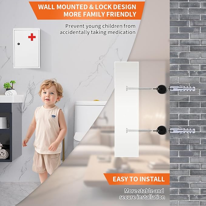 Steel Wall-Mount Lockable Medical Cabinet, 2-Tier Medical Box with Key, Metal Storage Box, Medicine Organizer Secure Large Capacity, First Aid Cabinet for Bathroom School 12.59×8.46×3.14"