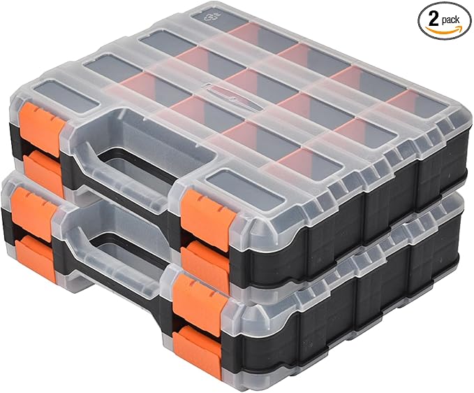 2 Pack Small Parts Organizer, 34-Compartments Hardware Organizer Box, Double Side Storage Case Tools Box with Removable Dividers for Screws, Bolts, Nails, Beads, Jewelry & More