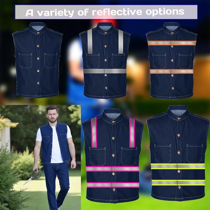 YOWESHOP Men's Reflective Safety Denim Vest，Custom Safety Outdoor Denim Work Vest with Hi-Vis Stripes for Night Commute