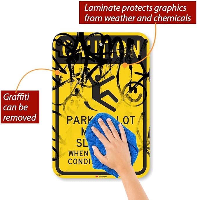 SmartSign 18 x 12 inch “Caution - Parking Lot May Be Slippery When Icy Or Wet Conditions Exist” Metal Sign, 63 mil Aluminum, 3M Laminated Diamond Grade Reflective Material, Black and Yellow, USA-Made