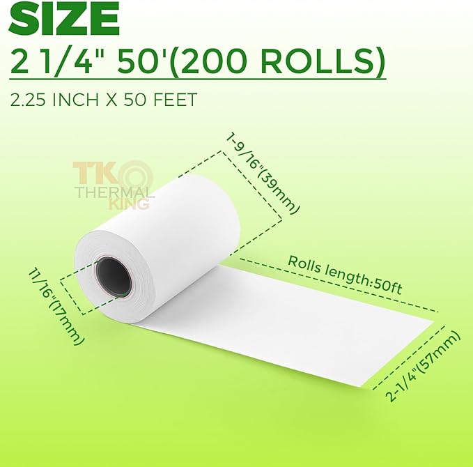 (200 Rolls) 2 1/4" x 50' Thermal Paper, POS Receipt Paper for Retail Business Cash Register, Fits All Credit Card Terminal