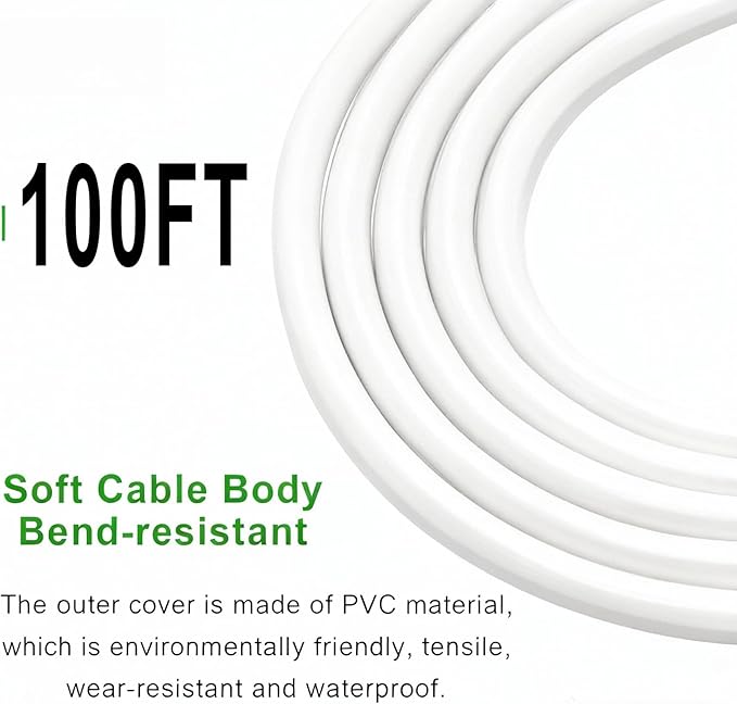 White Waterproof Extension Cord 100ft, 13A 1625W 16AWG ETL-Certified for Outdoor Use, Garden/Heavy Duty Tool Power