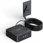 Flat Plug Power Strip with USB C, 6.5FT Flat Extension Cord - 8 AC Outlets and 4 USB(1 USB C), Power Strip with Surge Protector, Wall Mount Charging Station Office Home (Black, 15 FT)