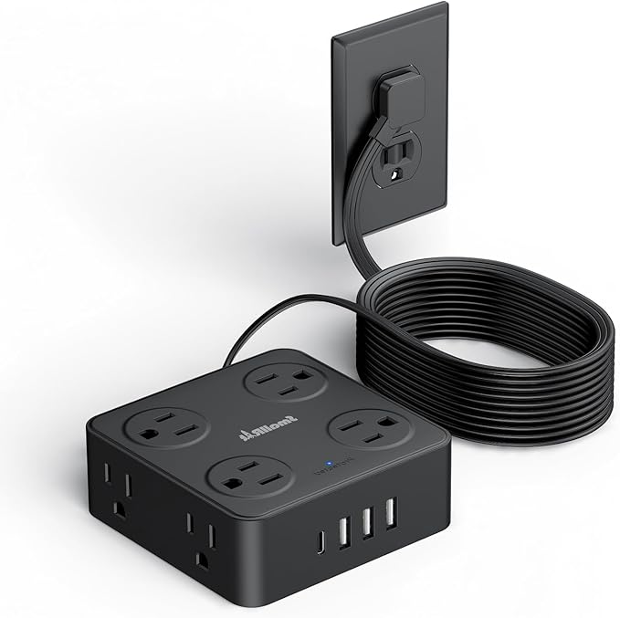 Flat Plug Power Strip with USB C, 6.5FT Flat Extension Cord - 8 AC Outlets and 4 USB(1 USB C), Power Strip with Surge Protector, Wall Mount Charging Station Office Home (Black, 15 FT)