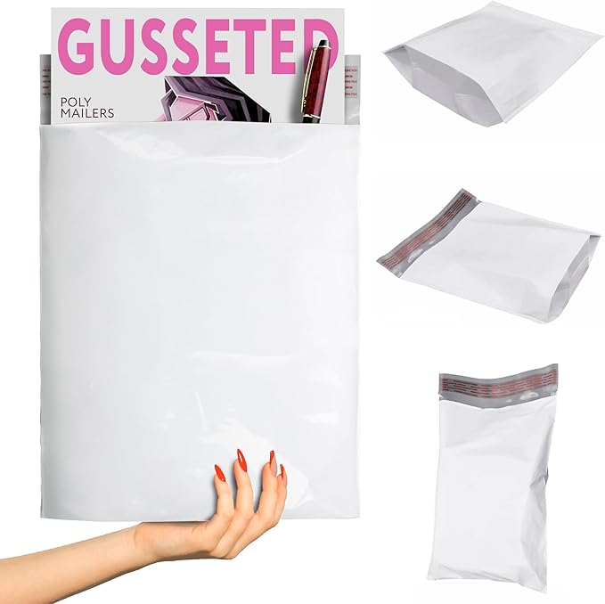 ABC PACK & SUPPLY White Gusseted Poly Mailers, 10 x 13 x 2 Inch. Pack of 50 Expansion Poly Mailers Bags. Shipping Envelopes for Clothing, 2.5 Mil. Plastic Shipping Bags Self Seal. Mailing Packages