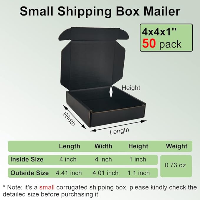 50 Pack 4x4x1'' Small Shipping Boxes, Black Corrugated Cardboard Mailers for Mailing Packaging Business (BK441-50)