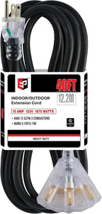 EP 40 Ft 12 Gauge Heavy Duty Extension Cord, 15A 125V 1875W, 3 Outlet Indoor/Outdoor Power Cord with Lighted End, 12/3 SJTW Weatherproof Black, UL Listed