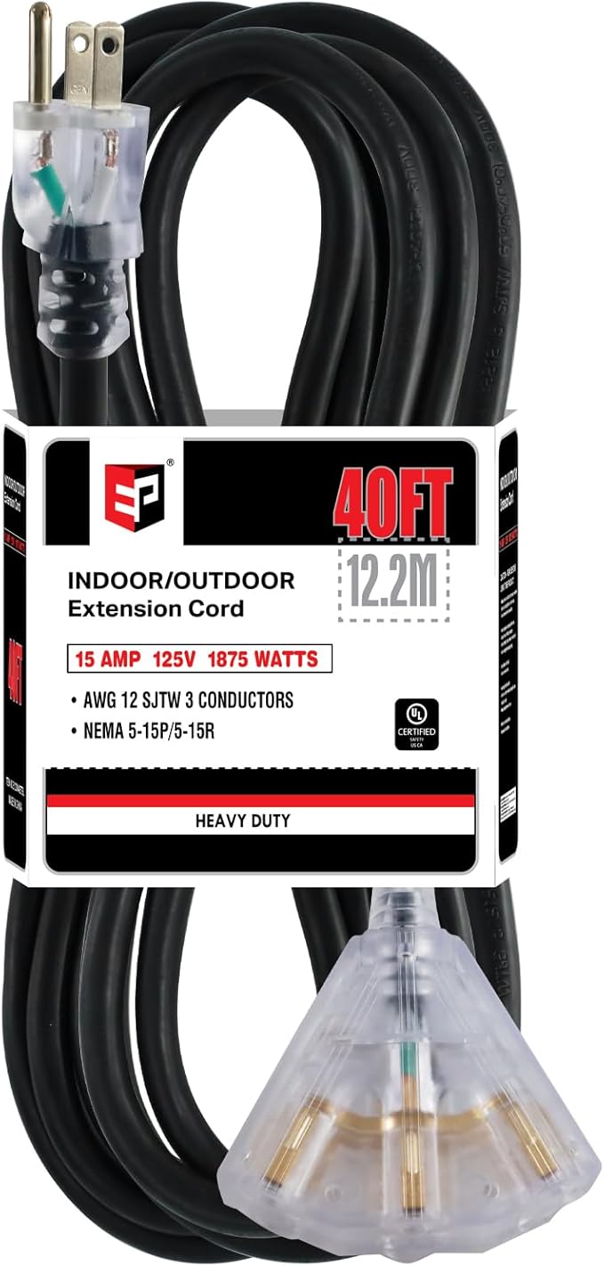 EP 40 Ft 12 Gauge Heavy Duty Extension Cord, 15A 125V 1875W, 3 Outlet Indoor/Outdoor Power Cord with Lighted End, 12/3 SJTW Weatherproof Black, UL Listed